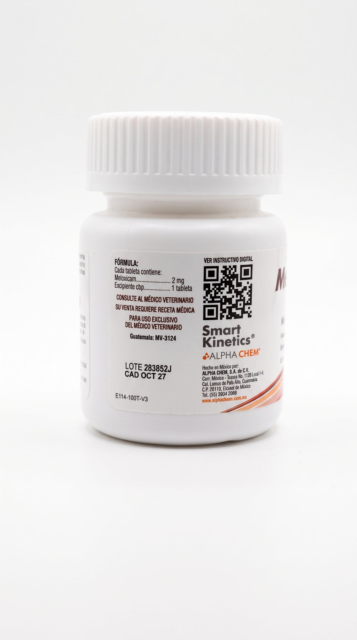 Meloxicam Alpha Chem 2 mg, fórmula y QR del frasco con código E114-100T-V3