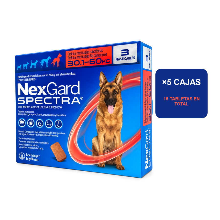 NexGard Spectra 15 tabletas para perros de 30.1 a 60 kg, 5 cajas de 3