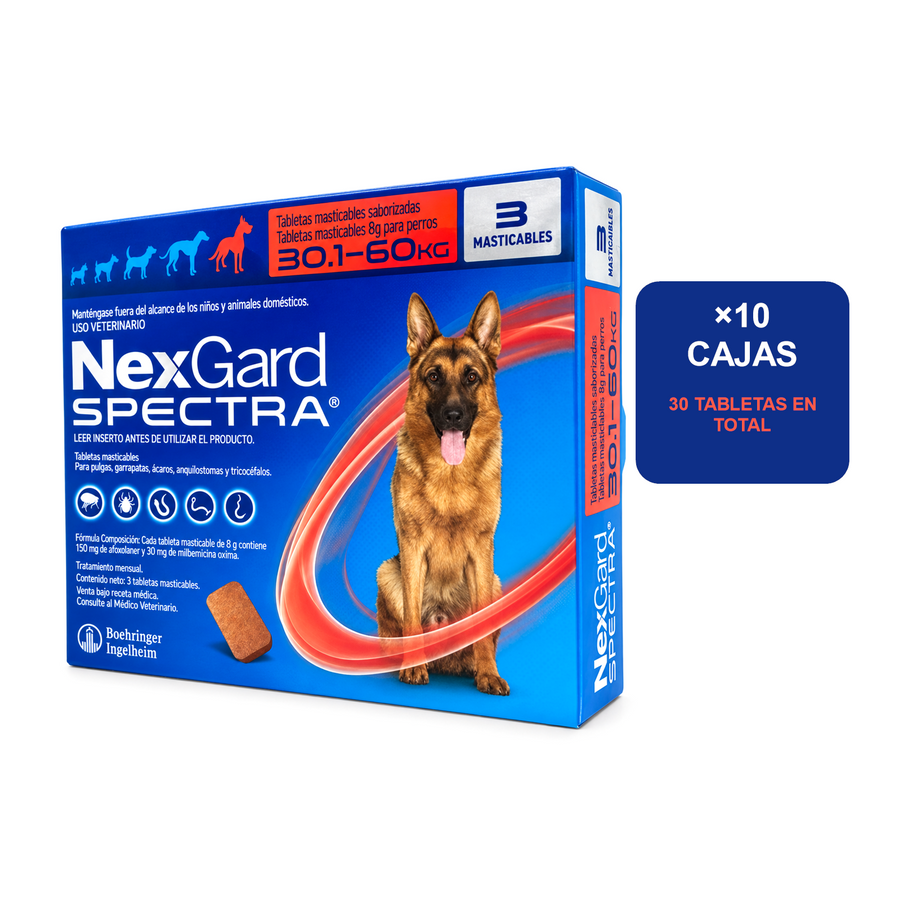 NexGard Spectra 30 tabletas para perros de 30.1 a 60 kg, 10 cajas de 3