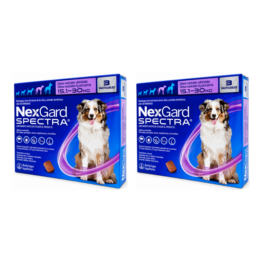 NexGard Spectra 6 tabletas para perros de 15.1 a 30 kg, 2 cajas de 3