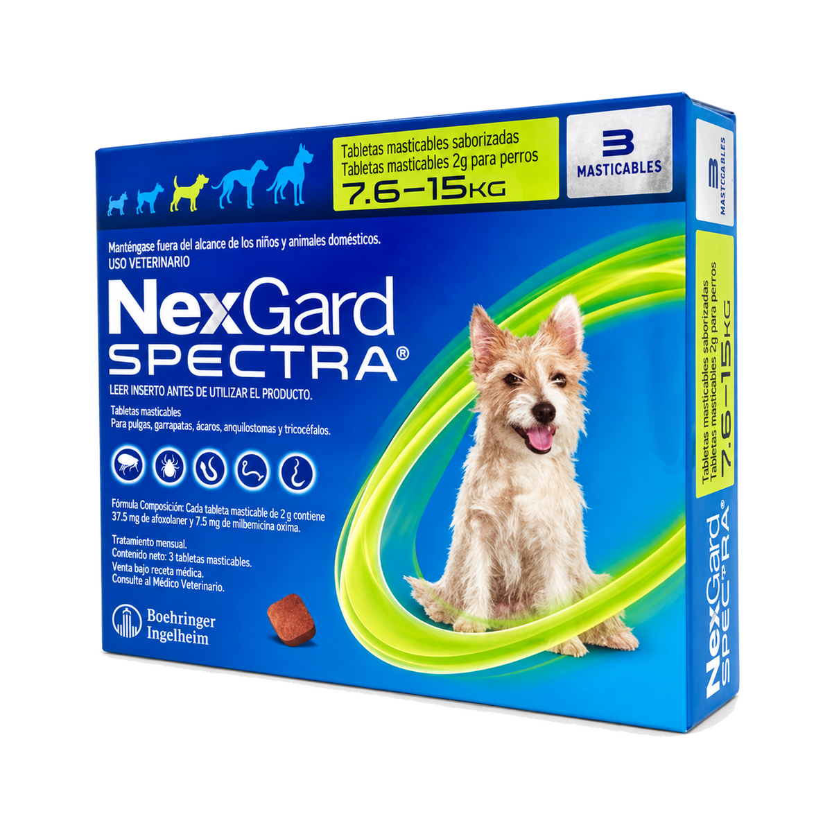 NexGard Spectra 3 Tabletas para Perros 7.6-15 Kg — empaque completo sobre blanco puro
