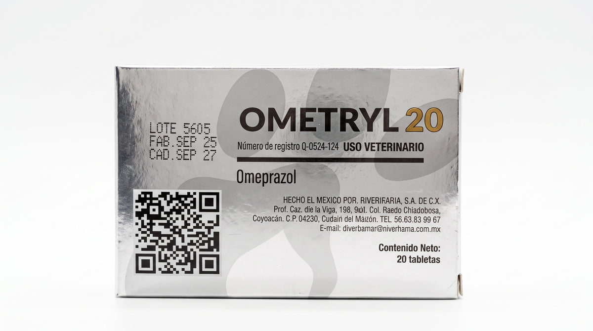 Ometryl 20 Riverfarma, caja con 20 tabletas, reverso