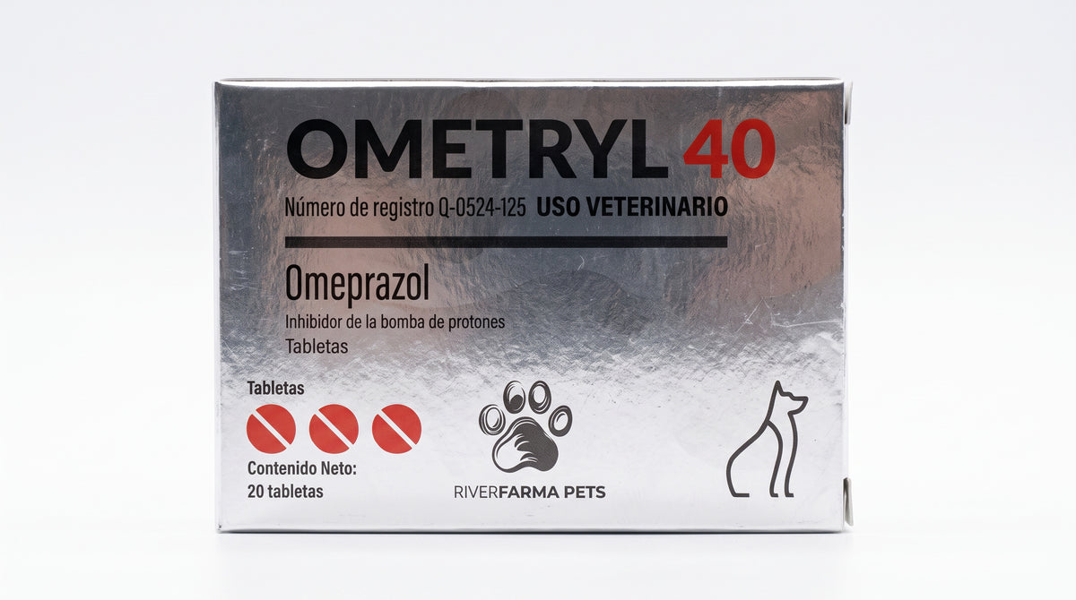 Ometryl 40 Riverfarma, omeprazol de uso veterinario, caja con 20 tabletas - frente