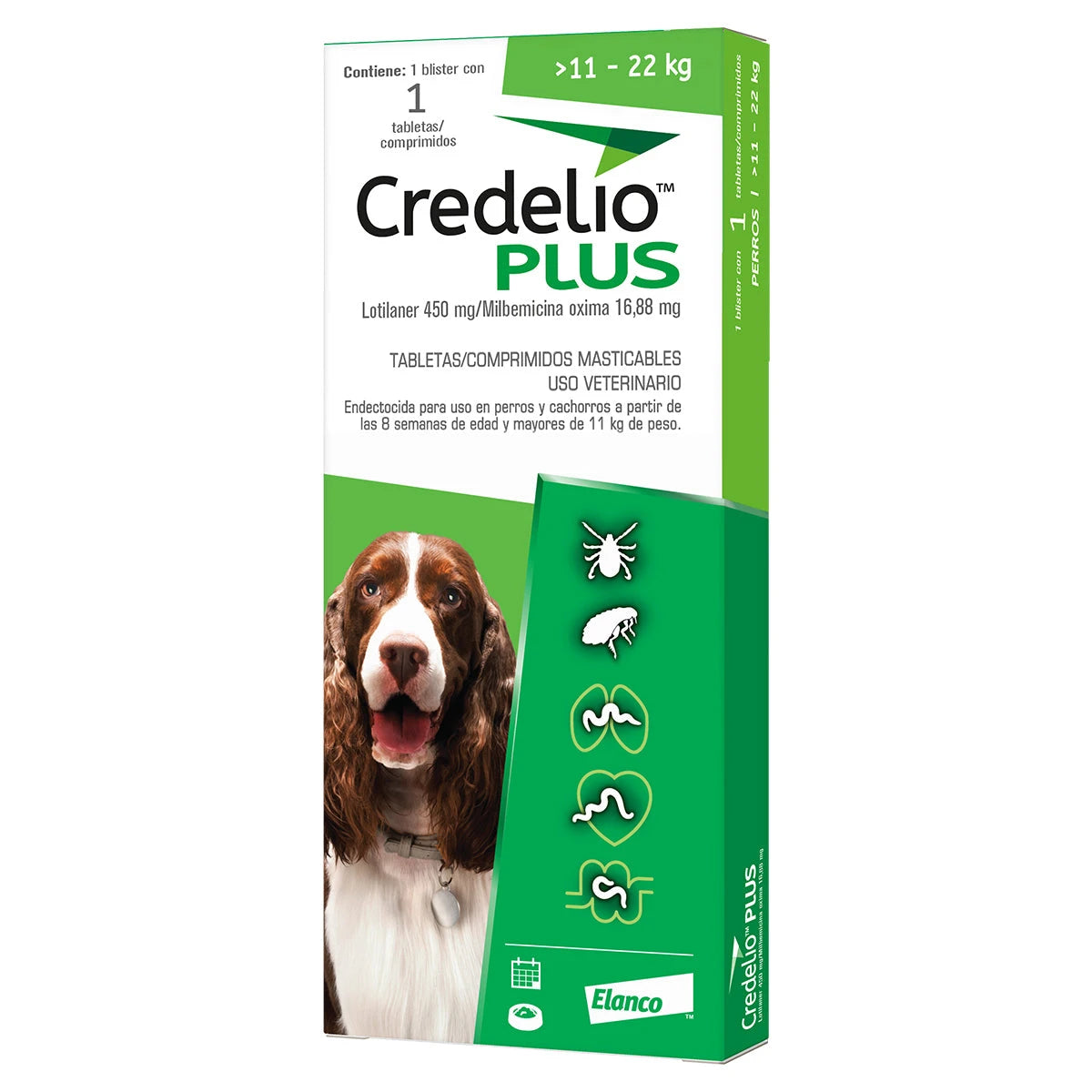 Credelio Plus para perros de 11 a 22 kg, caja con una tableta