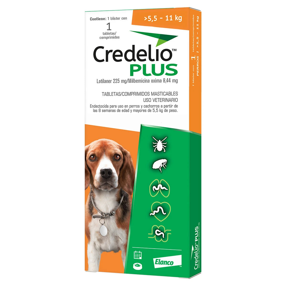 Credelio Plus para perros de 5.5 a 11 kg, caja con una tableta