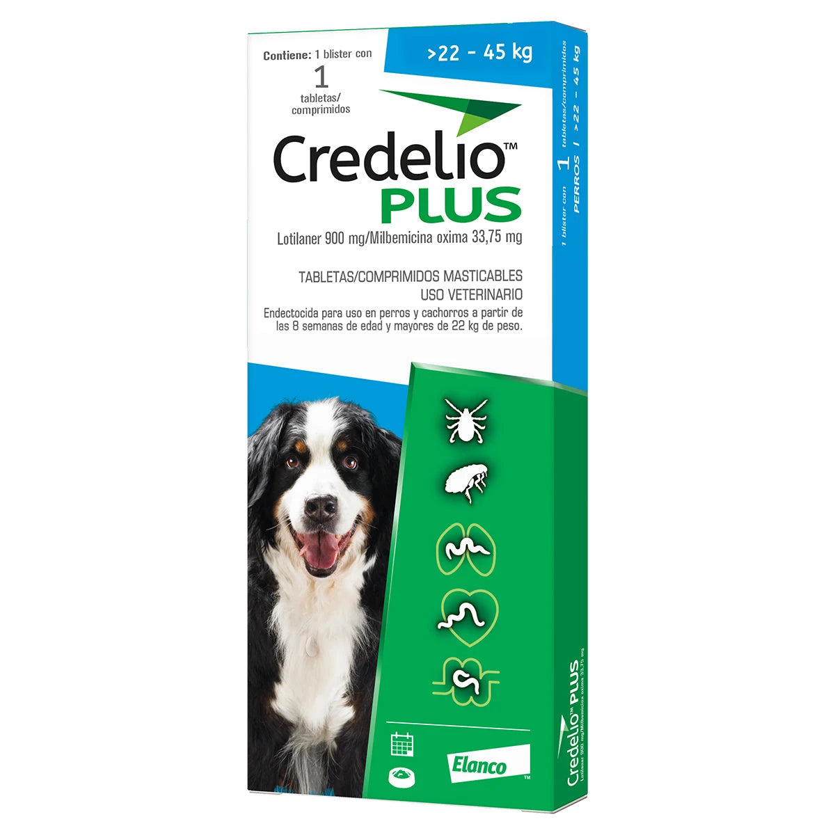Credelio Plus para perros de 22 a 45 kg, caja con una tableta