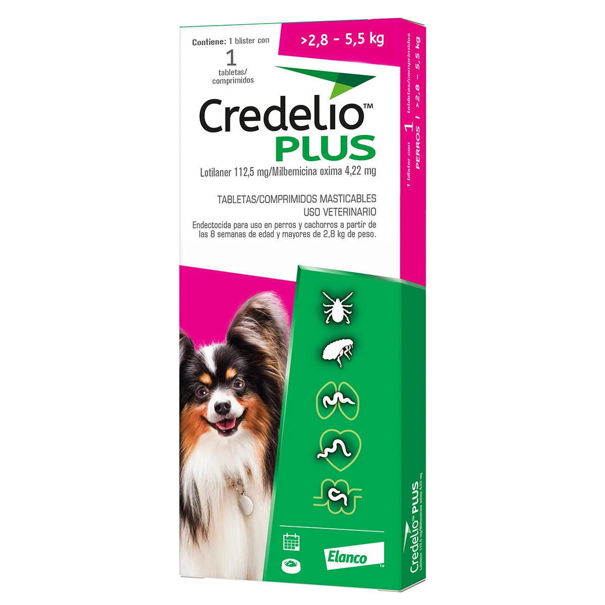 Credelio Plus para perros de 2.8 a 5.5 kg, caja con una tableta
