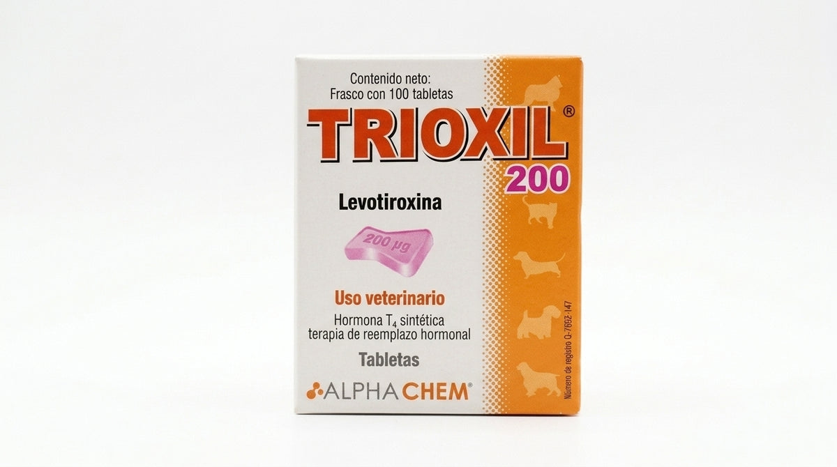 Trioxil 200 Alpha Chem, levotiroxina 200 µg, caja con frasco de 100 tabletas