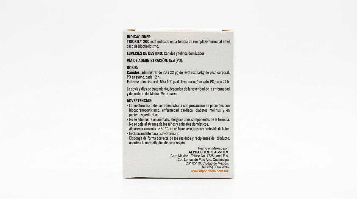 Trioxil 200, reverso del empaque e información del fabricante