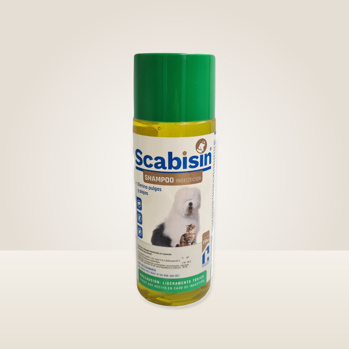 Chinoin Scabisin Shampoo Mascotas 250 ml — frasco completo en contexto de cuidado y estudio