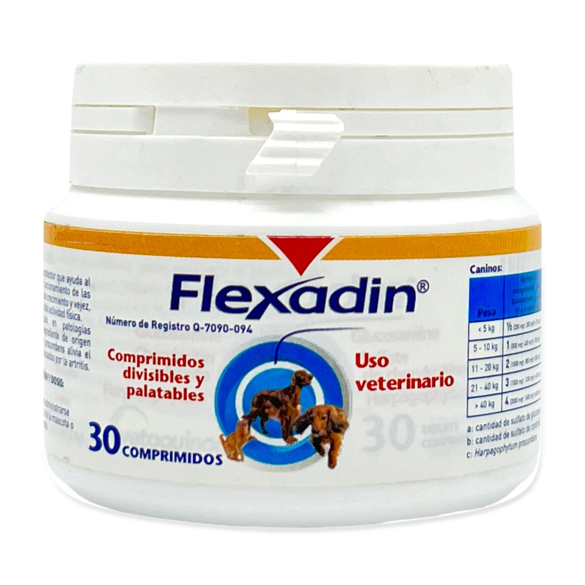 Flexadin Vetoquinol — frasco completo de 30 comprimidos sobre fondo blanco