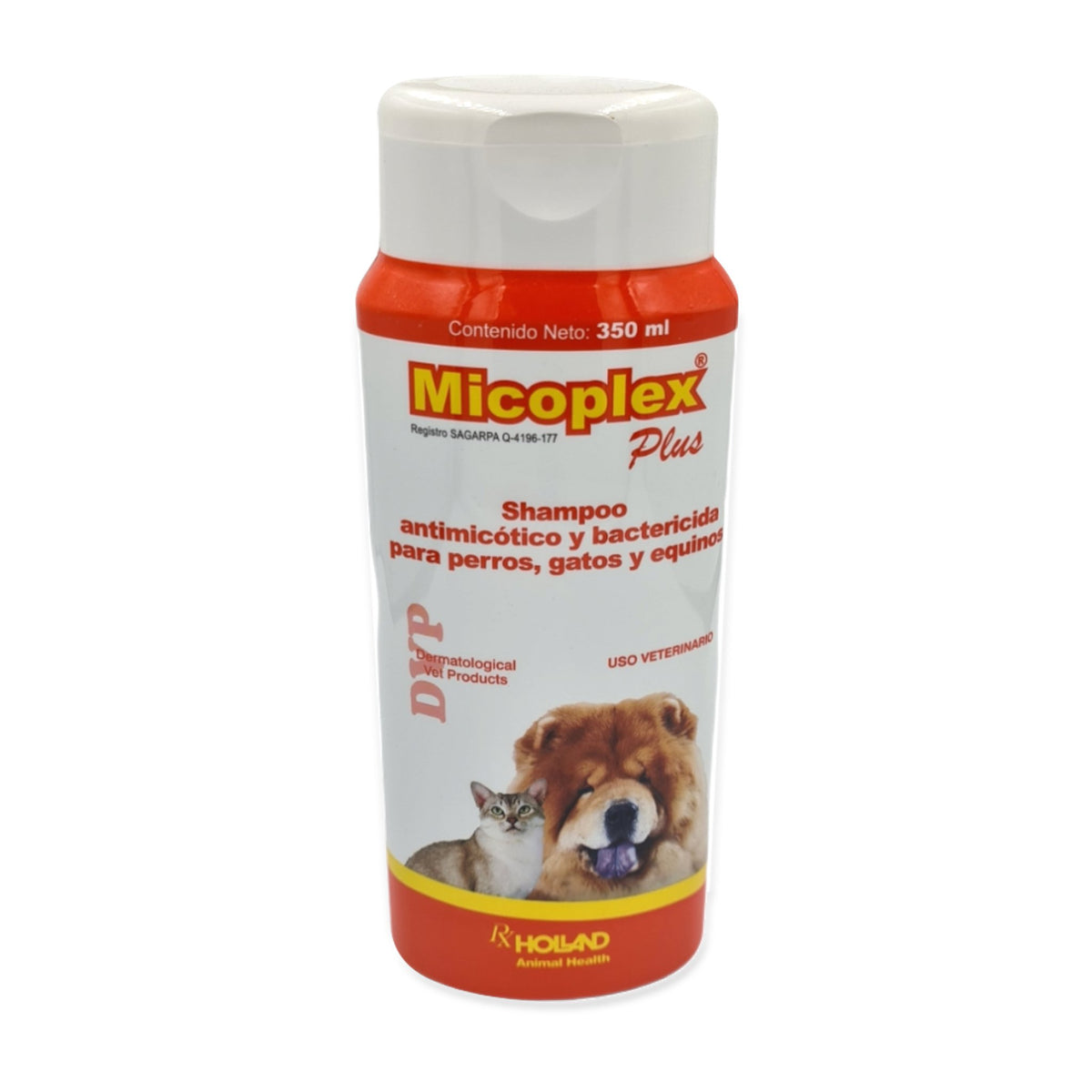 Holland Micoplex Plus Shampoo para Perros, Gatos y Equinos — frasco completo sobre fondo blanco