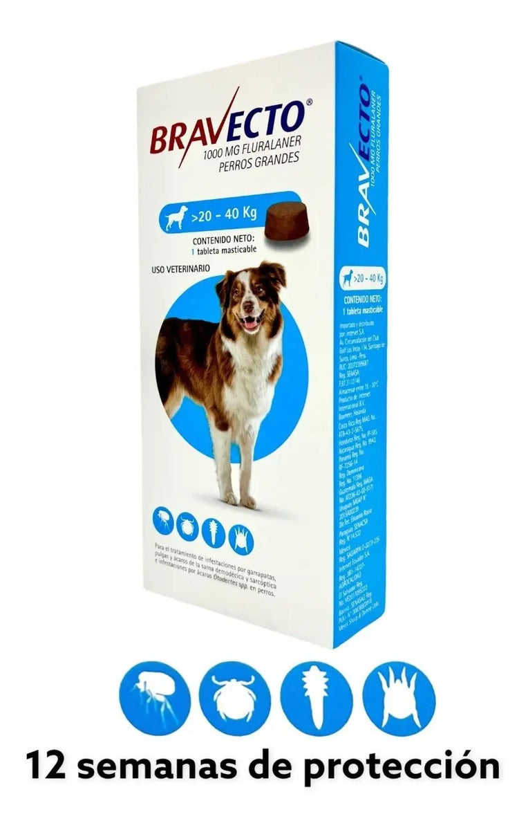 Bravecto 1000 mg para perros de 20 a 40 kg, vista complementaria del empaque