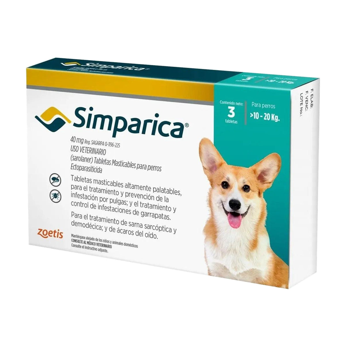 Simparica Perro 10 a 20 kg 40 mg - paquete 12 tabletas — detalle de una de las cajas de 3 tabletas del paquete de 12
