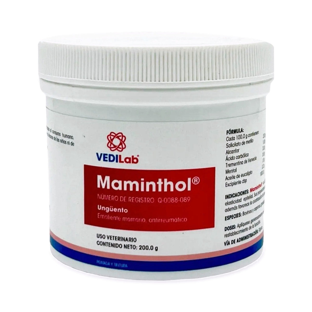 Maminthol Unguento Veterinario Rubefaciente 200 g — producto completo, fondo blanco