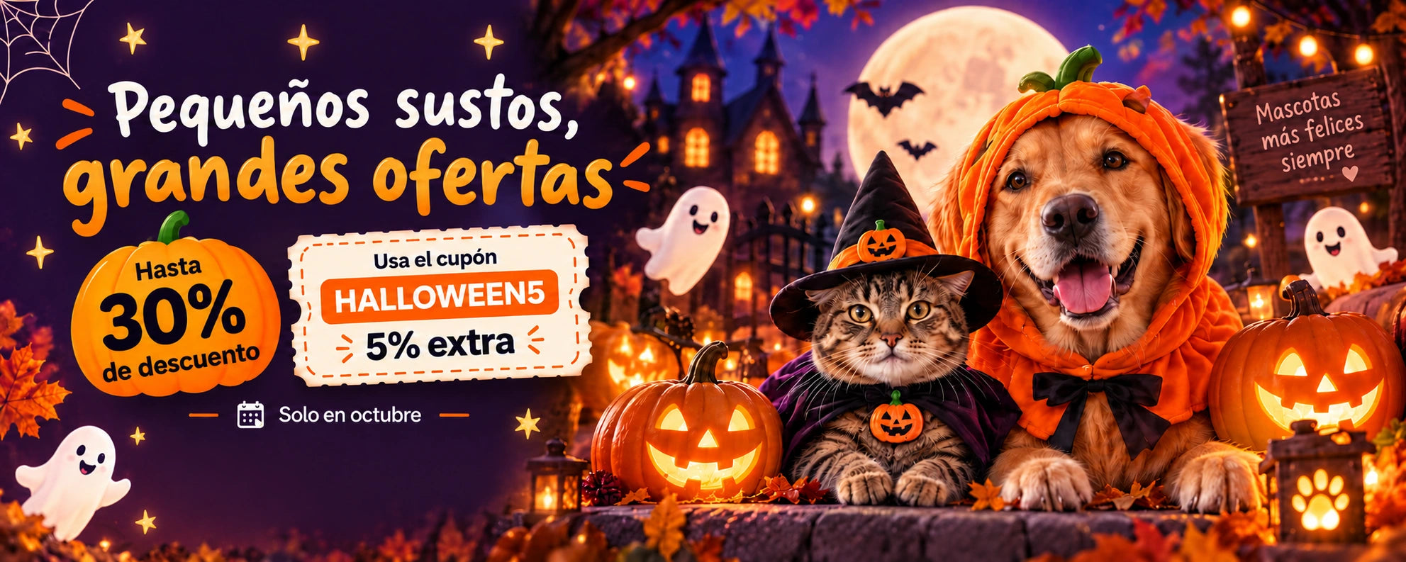 Ofertas de Halloween con un perro disfrazado de calabaza y un gato con sombrero de bruja. Hasta 30% en productos seleccionados. Usa el cupón HALLOWEEN5. 5% extra.