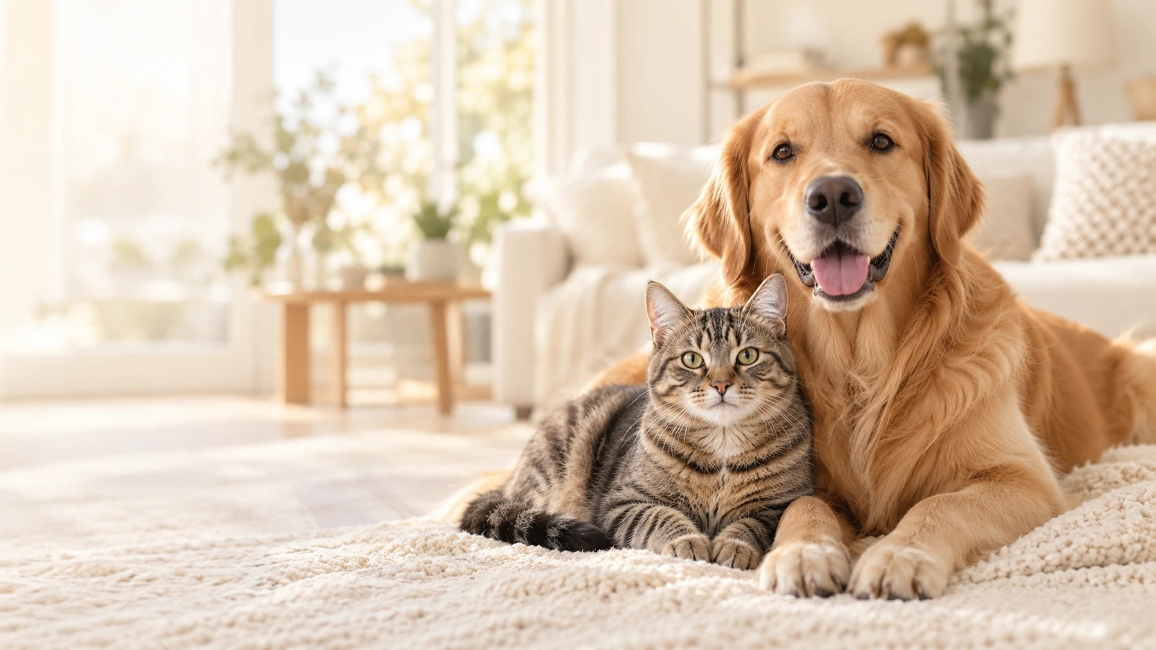 Perro golden retriever y gato juntos en casa